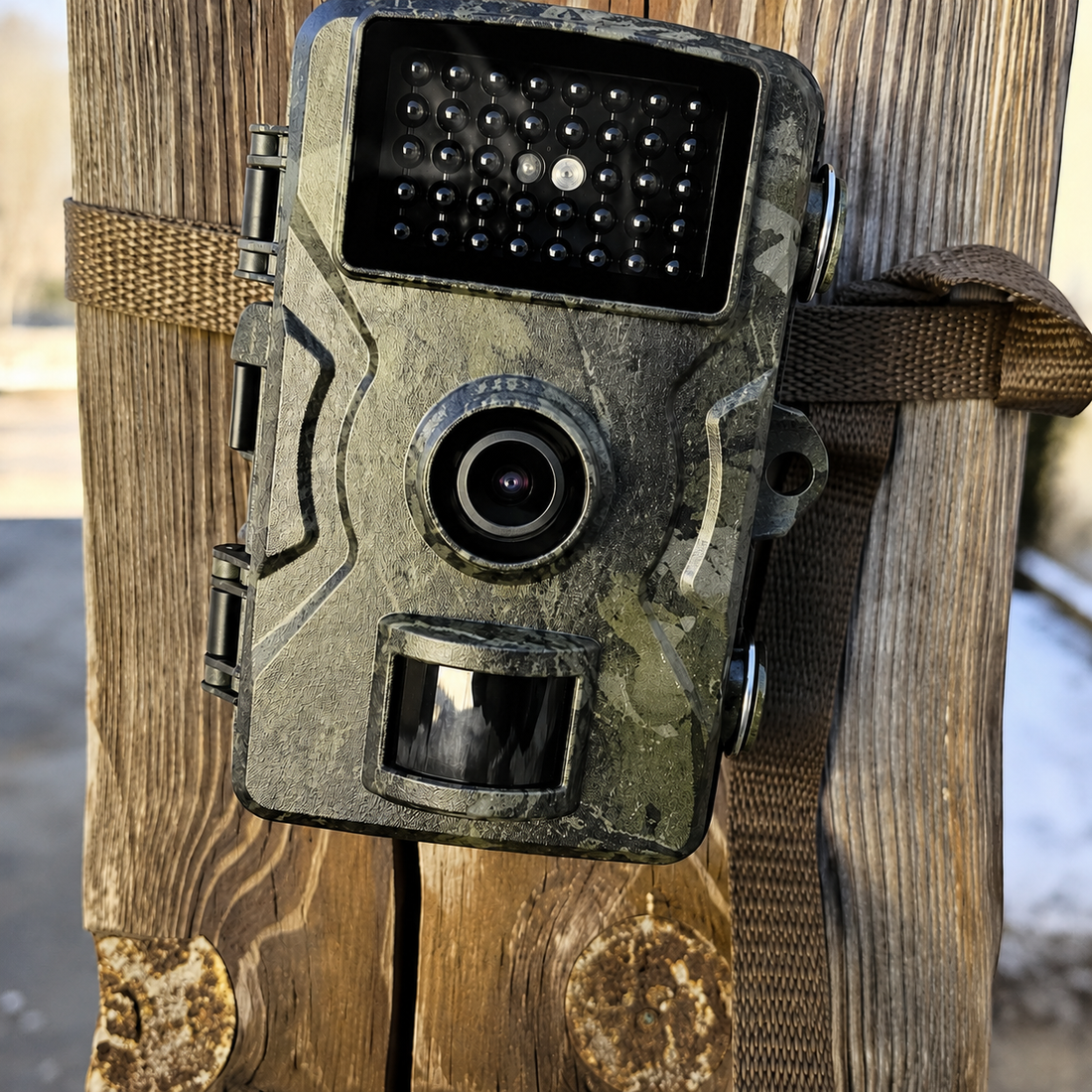 Installation d'une caméra de chasse sur un arbre face à un chemin