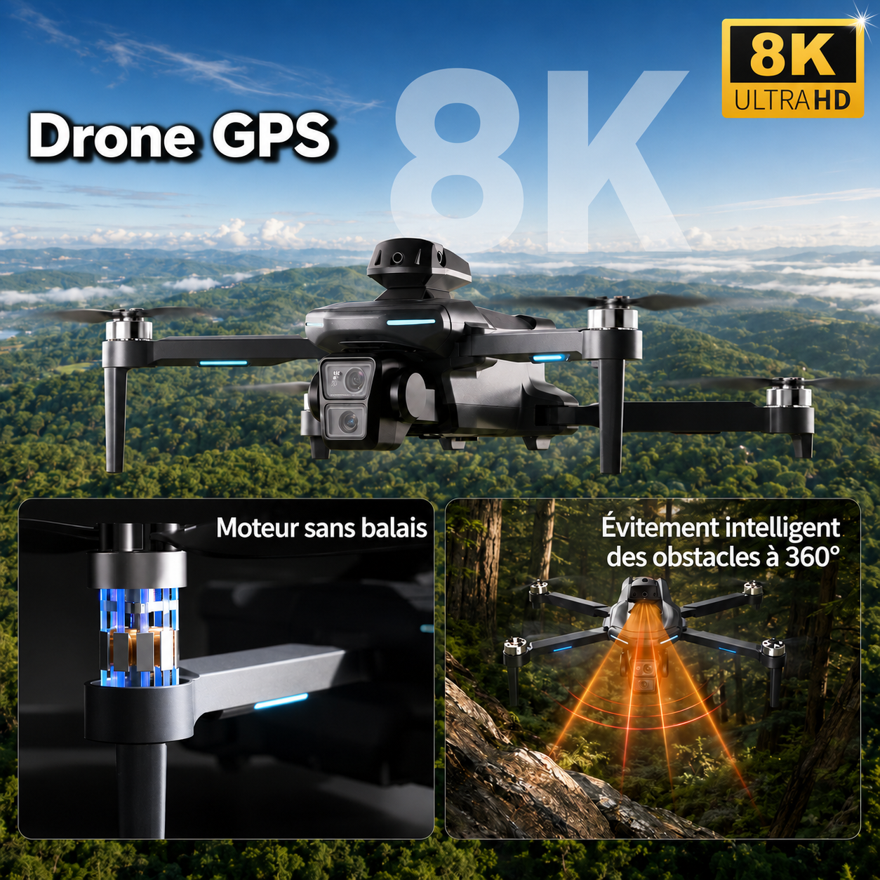Drone Avancé GPS WiFi avec Caméra 8K et 3 Batteries