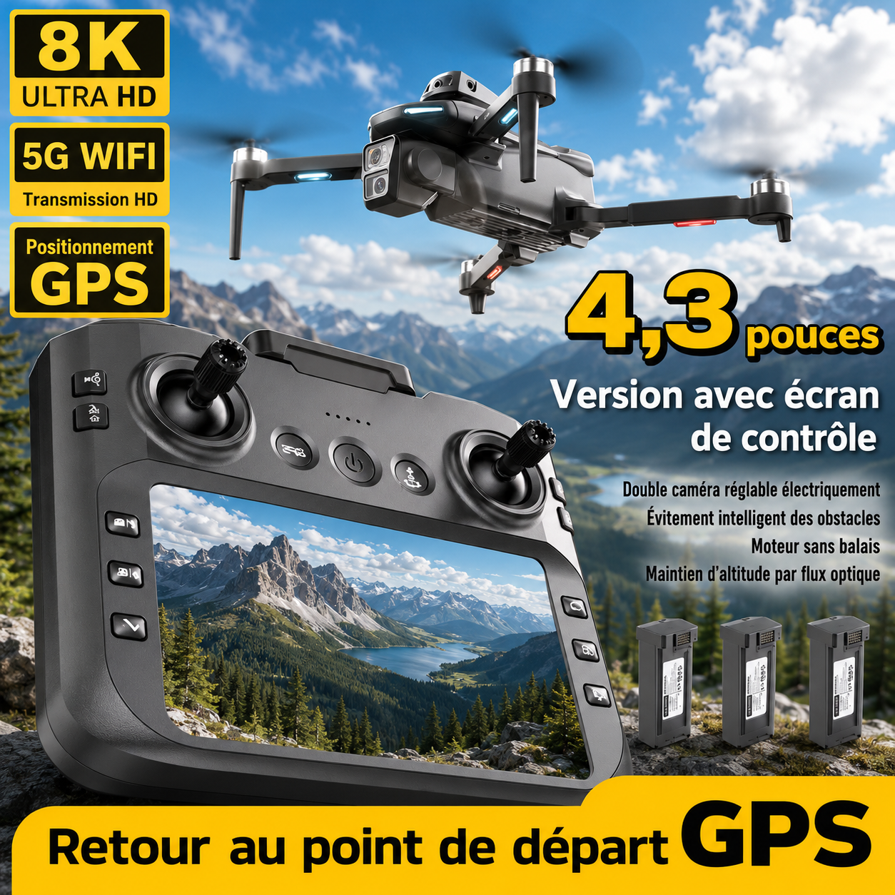 Drone Avancé GPS WiFi avec Caméra 8K et 3 Batteries