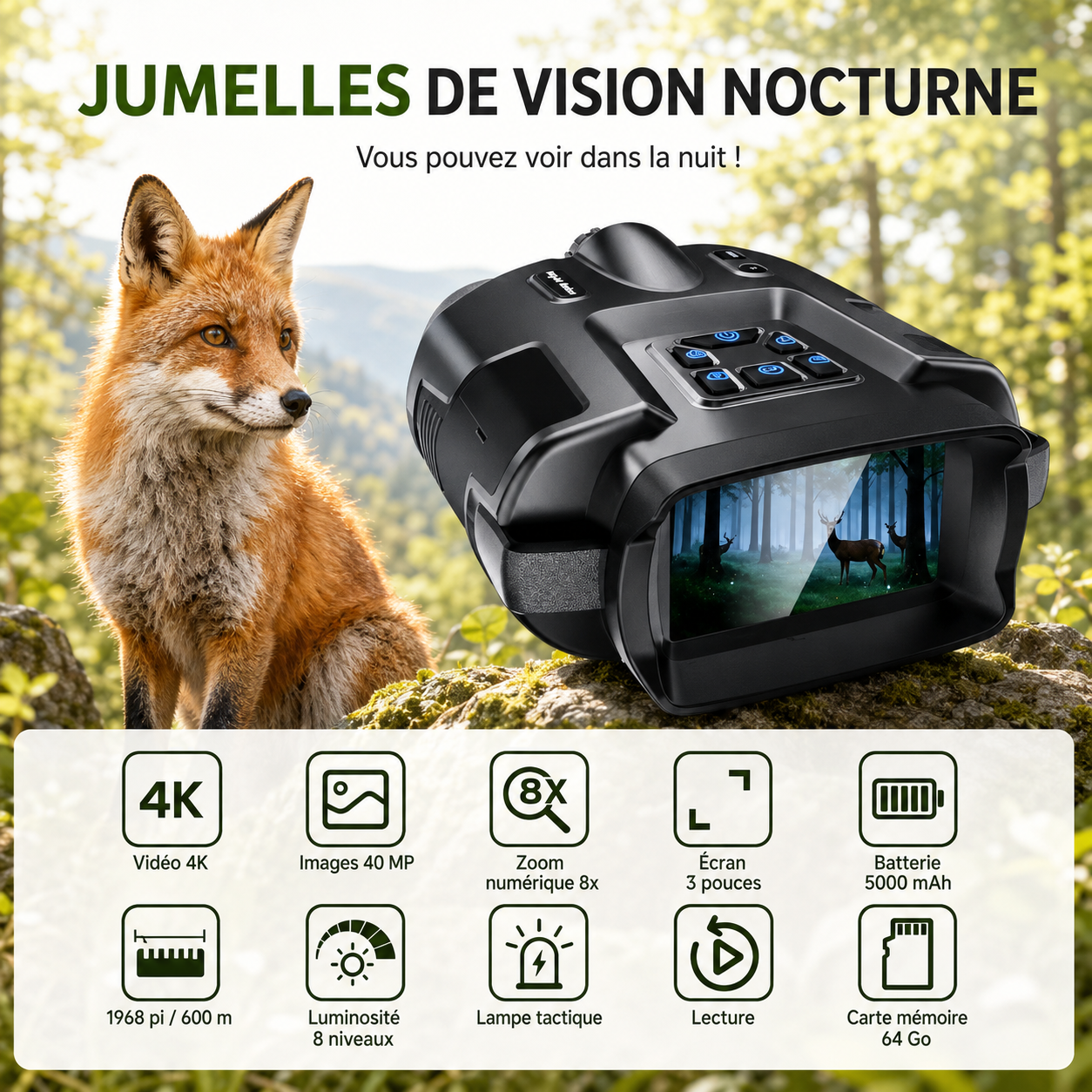Jumelles de Vision Nocturne 4K - Autonomie 12 heures