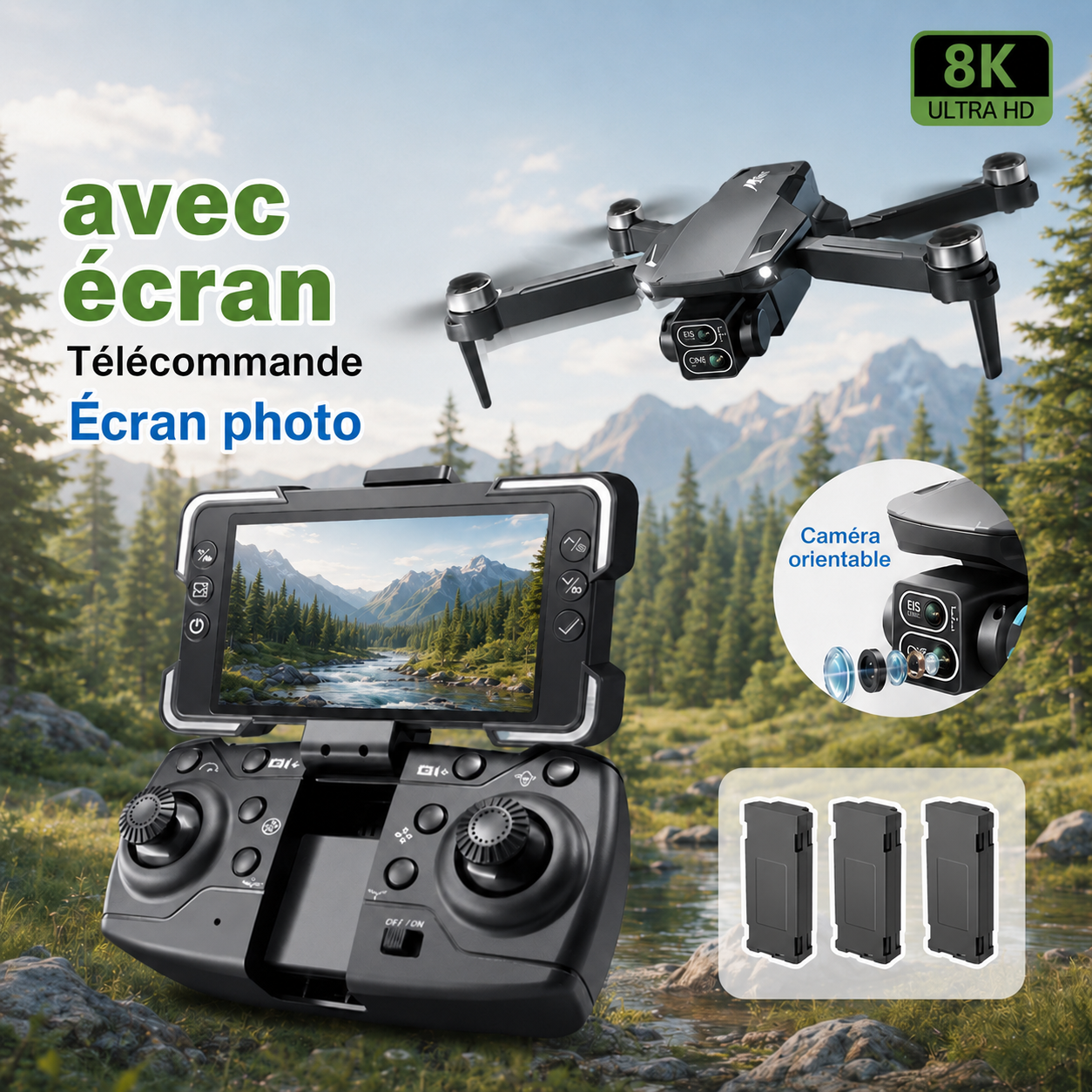 Drone Vidéo 8K WiFi avec 3 Batteries