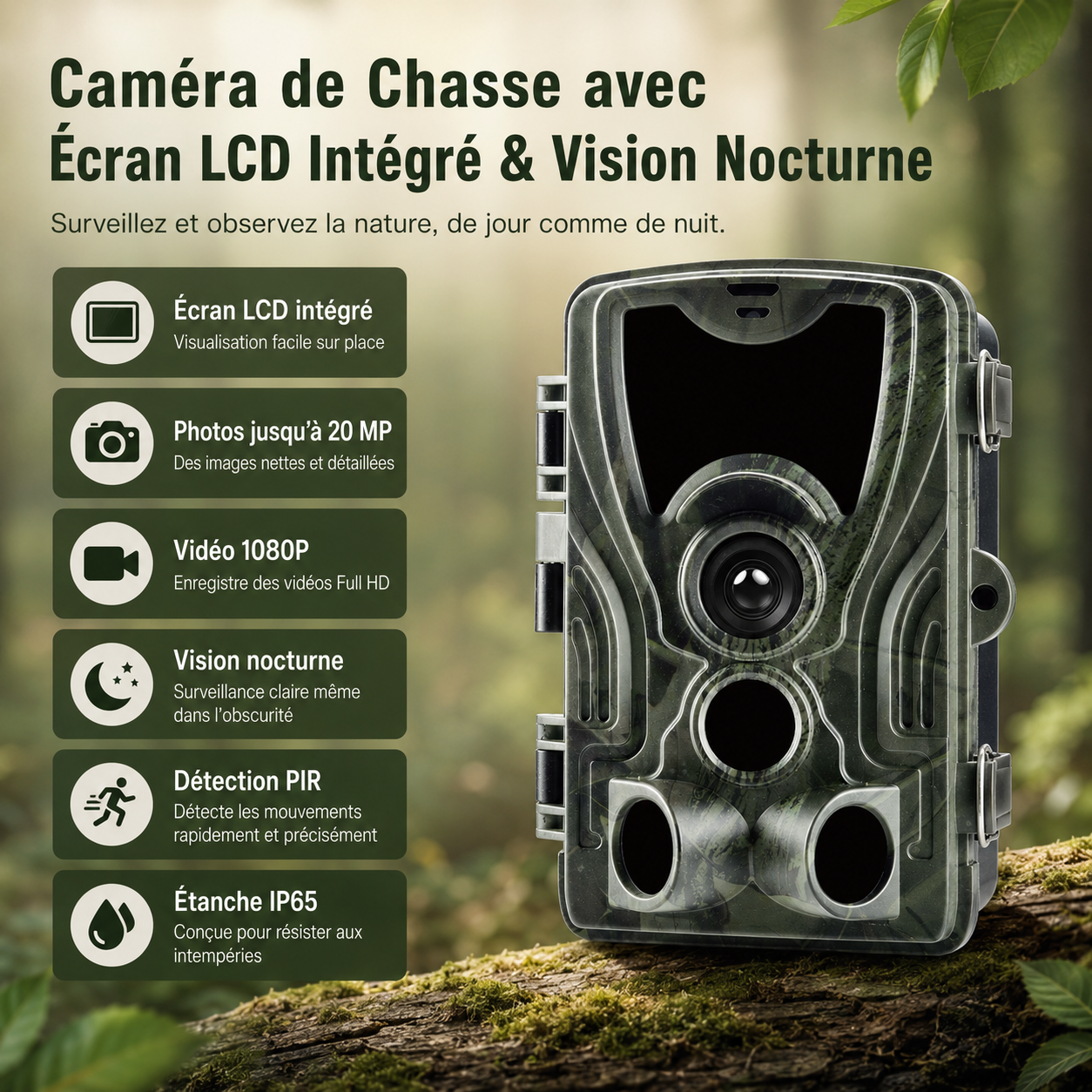 Caméra de Chasse avec Écran LCD Intégré & Vision Nocturne Infrarouge
